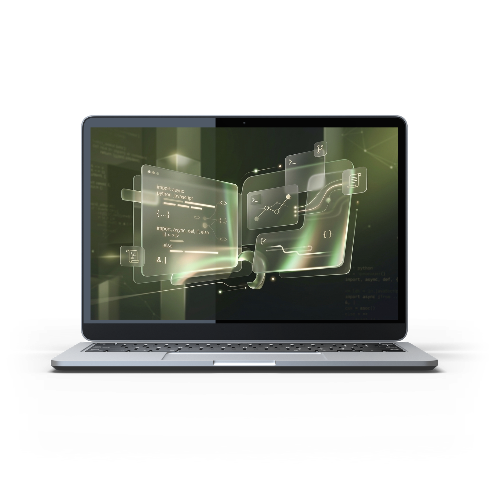 Laptop displaying layered holographic digital interfaces